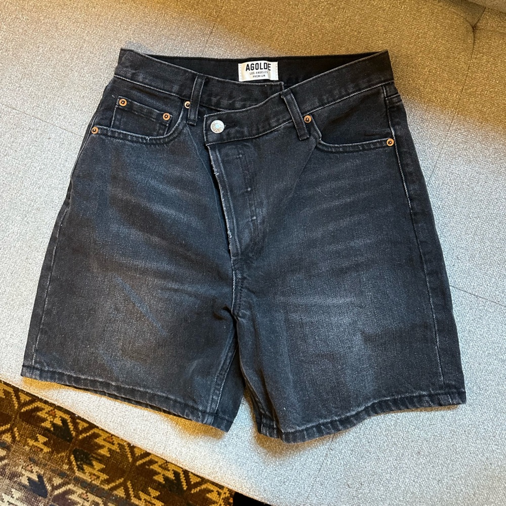 AGOLDE irregular high waist black jean shorts 25